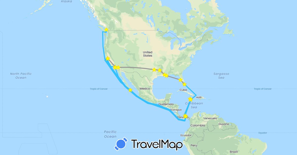 TravelMap itinerary: driving, plane, boat in Canada, Jamaica, Mexico, Panama, United States (North America)